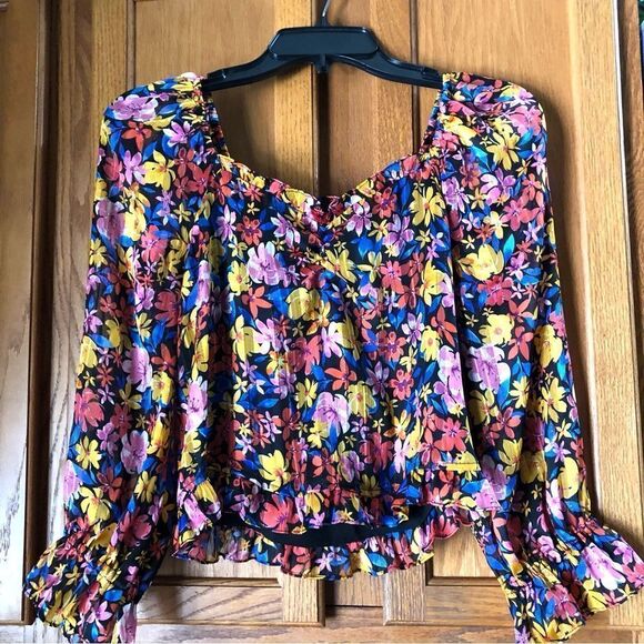 Anthropologie SKIES ARE BLUE Floral Balloon Sleeve Crop Top Metallic Stitch - XS - Picture 2 of 12